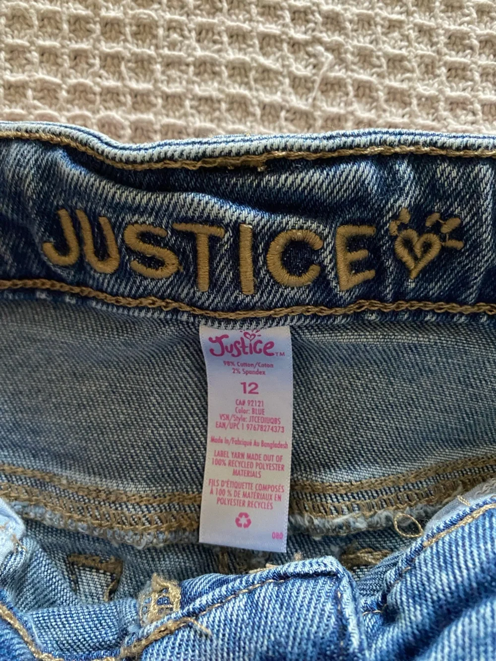 Justice Blue Distressed Denim Bermuda Shorts with Pink-Striped Belt